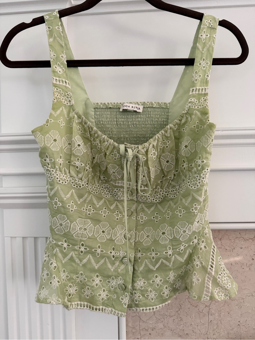 Moon River Women's Eyelet Peplum Button Sage Cottage Core Tank Top